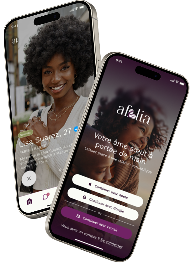 Deux smartphones affichant une application de rencontres nommée Afelia, avec un profil utilisateur présenté et l'écran de connexion.