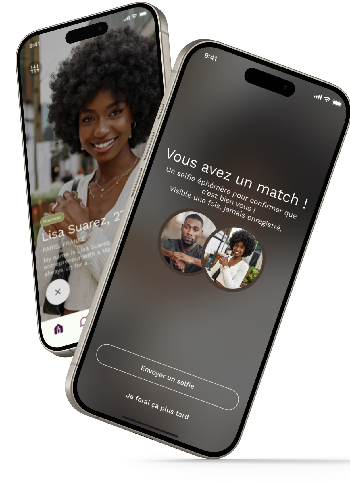 Deux smartphones affichant une application de rencontre, l'un montre le profil de Lisa Suarez, 27 ans, et l'autre indique un match avec confirmation par selfie.