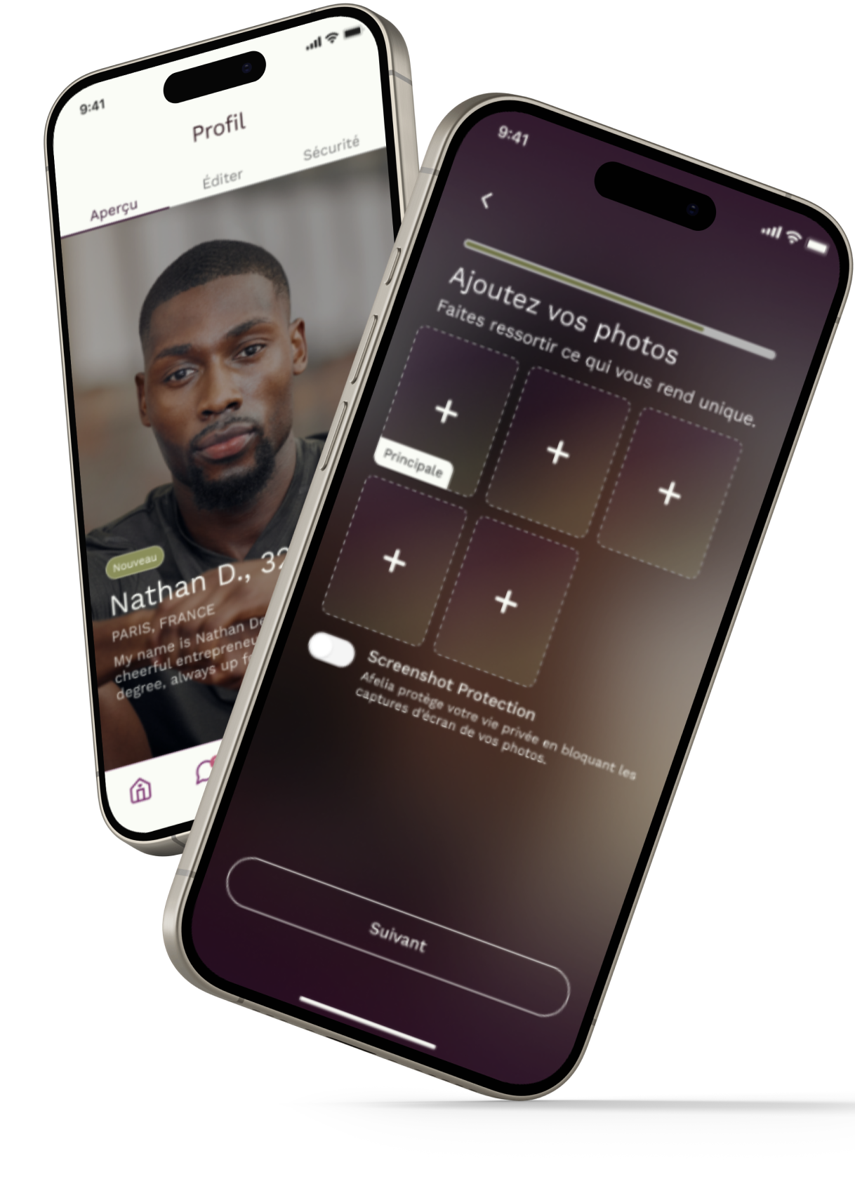 Deux smartphones affichant une application de profil utilisateur en français avec une photo et des options pour ajouter des photos et activer la protection contre les captures d'écran.