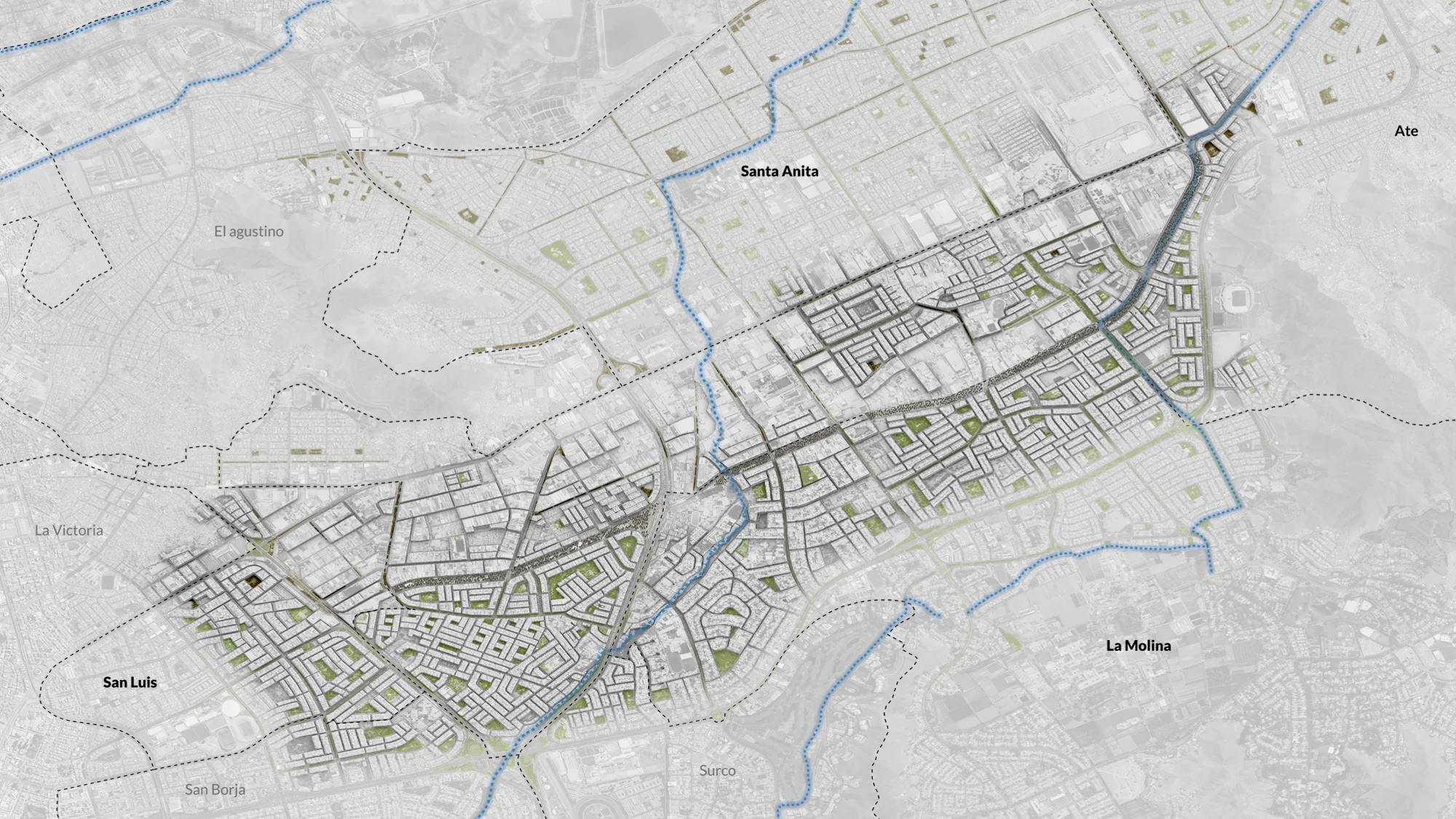 Mapa que muestra los barrios de Lima, Perú, incluidos San Luis, Santa Anita, La Molina, Ate, El Agustino, La Victoria, San Borja y Surco, con calles resaltadas y líneas de límites.