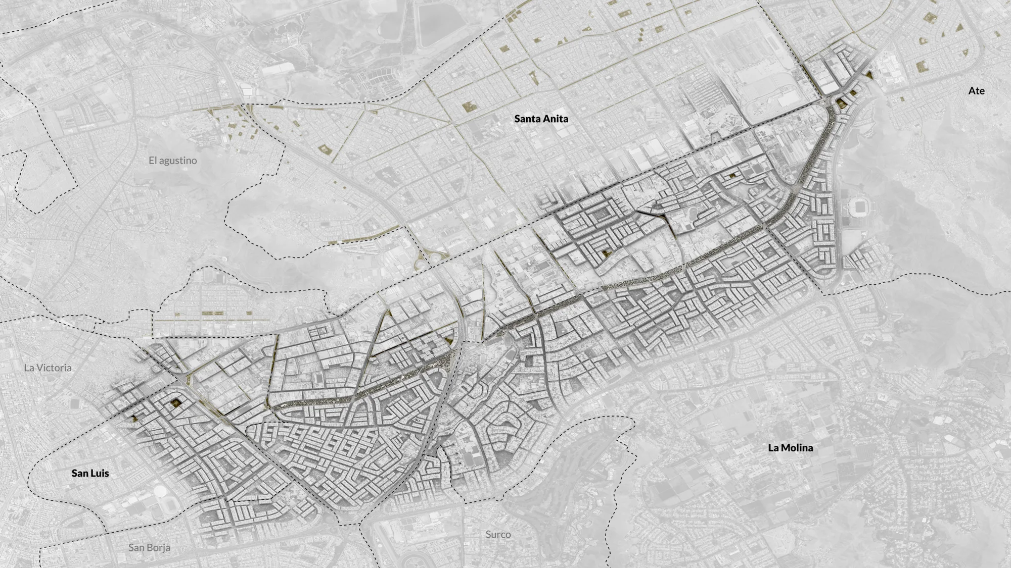 Mapa de la ciudad en escala de grises que resalta las áreas verdes dentro de los distritos Santa Anita, San Luis, La Molina y los vecindarios circundantes.