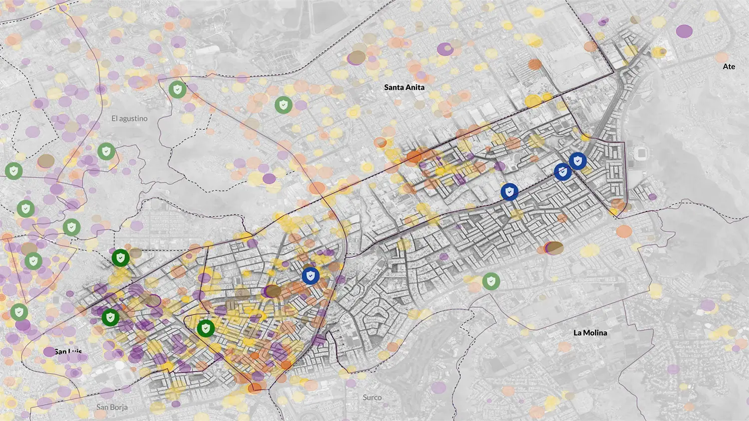 Mapa que resalta los distritos de San Luis, El Agustino, Santa Anita, Ate, San Borja, Surco y La Molina con círculos de colores superpuestos e íconos de escudos en verde y azul.