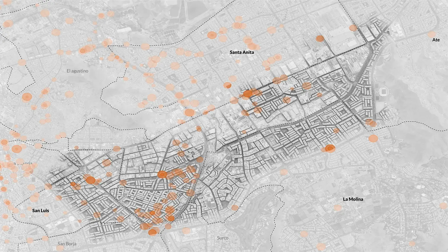 Mapa que muestra los distritos Santa Anita, San Luis, Ate y La Molina con círculos naranjas que indican puntos de datos o eventos.