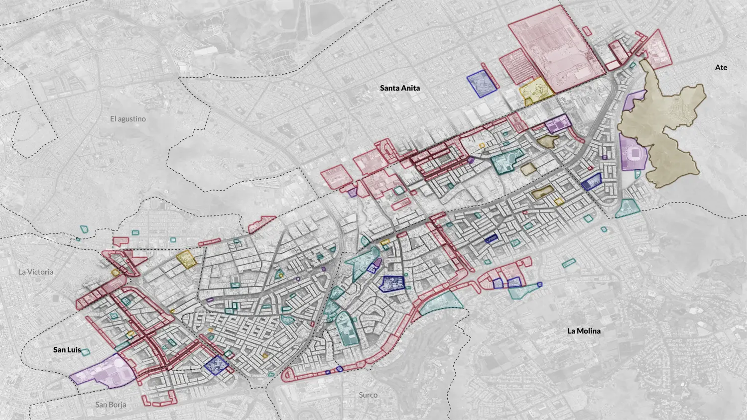 Mapa que muestra las áreas urbanas de Lima con los barrios San Luis, Santa Anita, Ate, La Molina, La Victoria, El Agustino, San Borja y Surco delineados y codificados por colores.