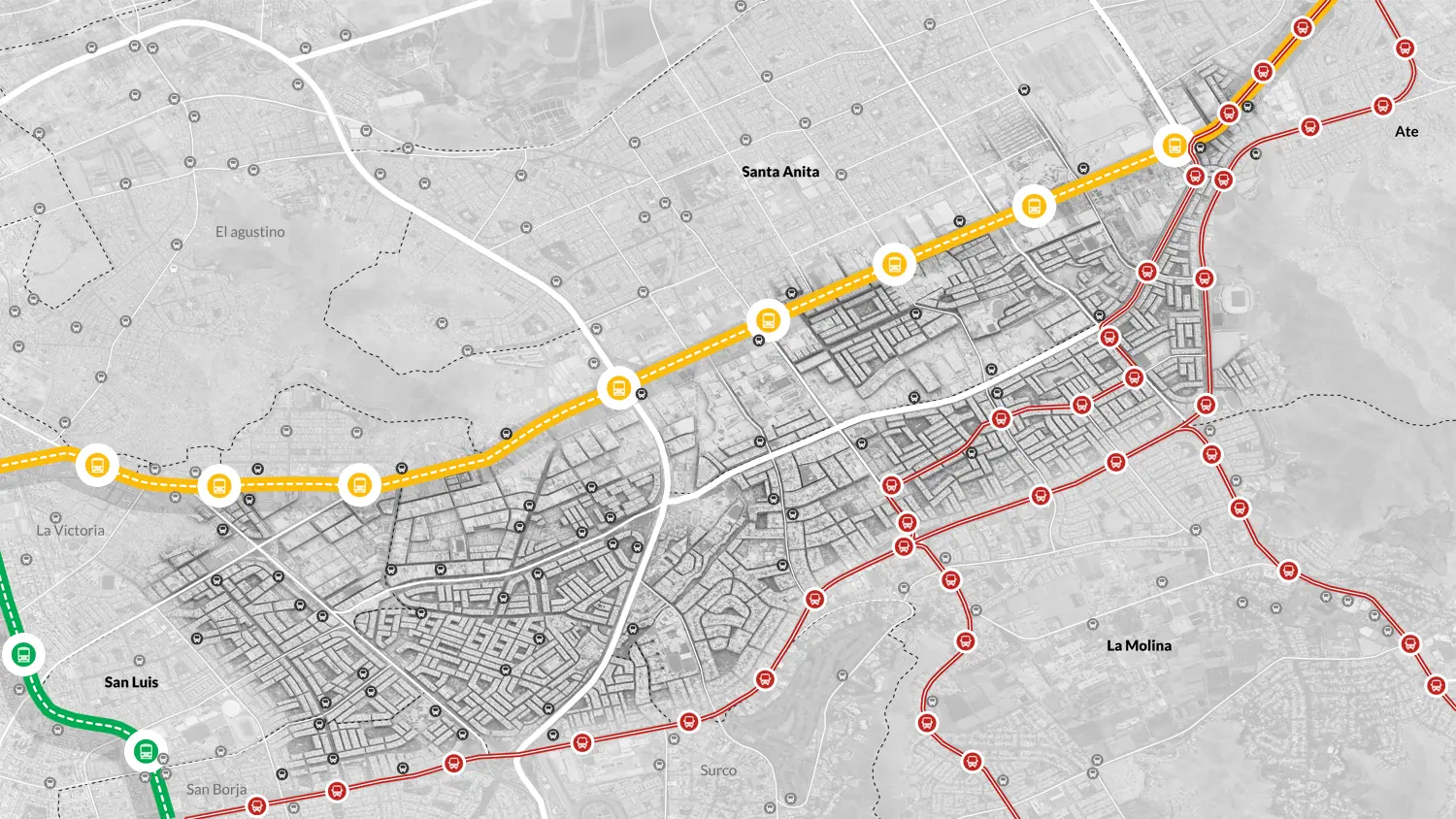 Mapa de la ciudad que muestra una red de transporte público con líneas amarillas, rojas y verdes que representan diferentes rutas y estaciones en áreas que incluyen Santa Anita, La Molina, San Luis y Ate.