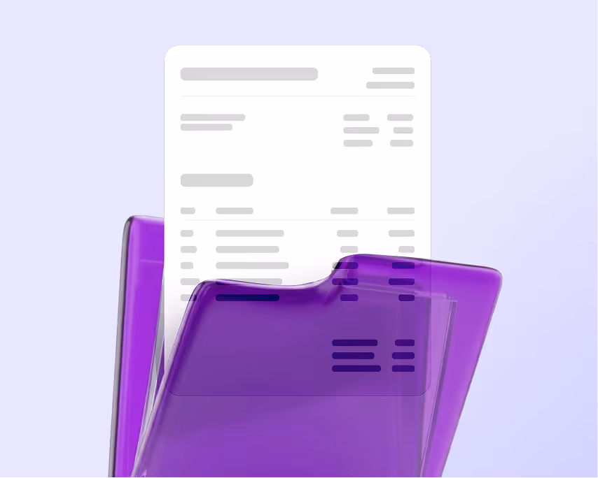 White document with text lines partially inside a translucent purple folder against a light background.
