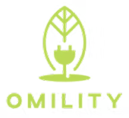Green eco-friendly logo with leaf, plug, and 'Omility' text