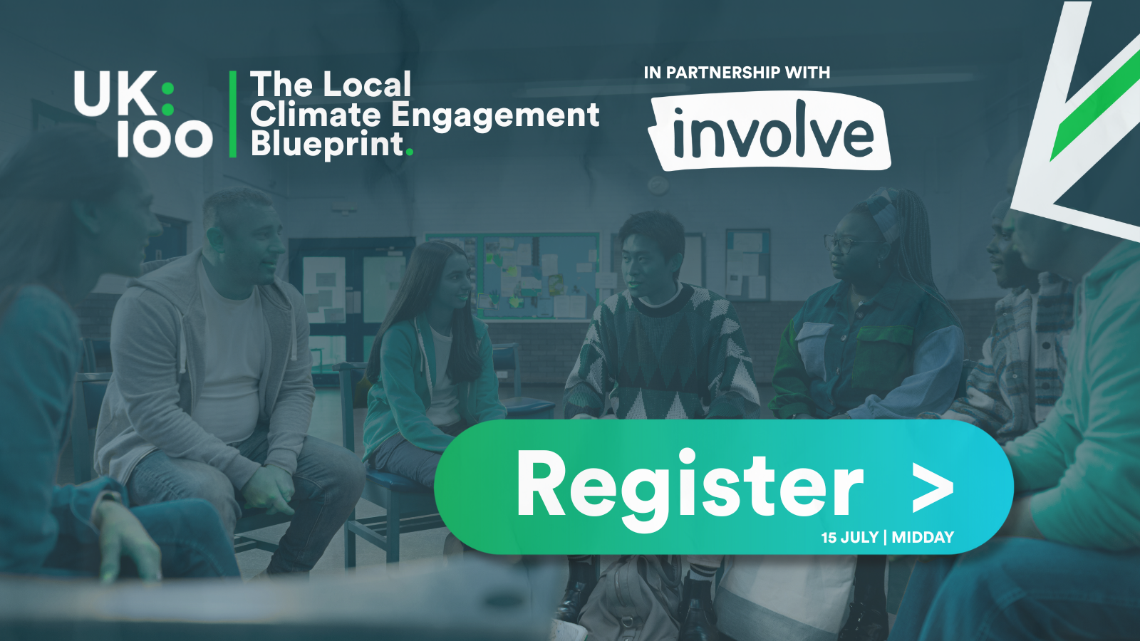 Diverse group discussing Local Climate Engagement Blueprint, register button