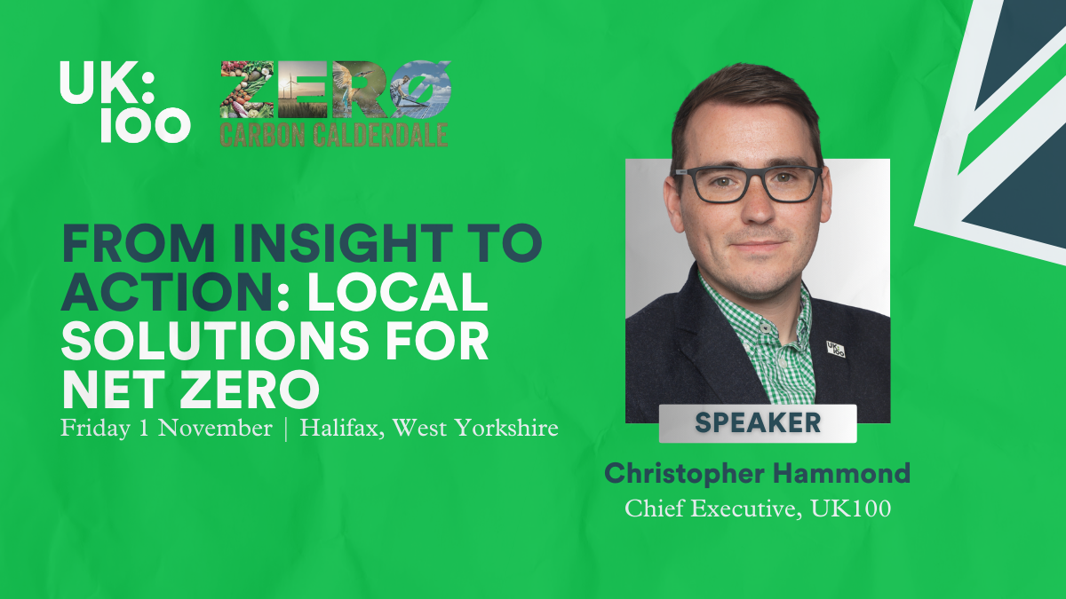 UK100 event poster for local net zero solutions in Halifax, featuring speaker
