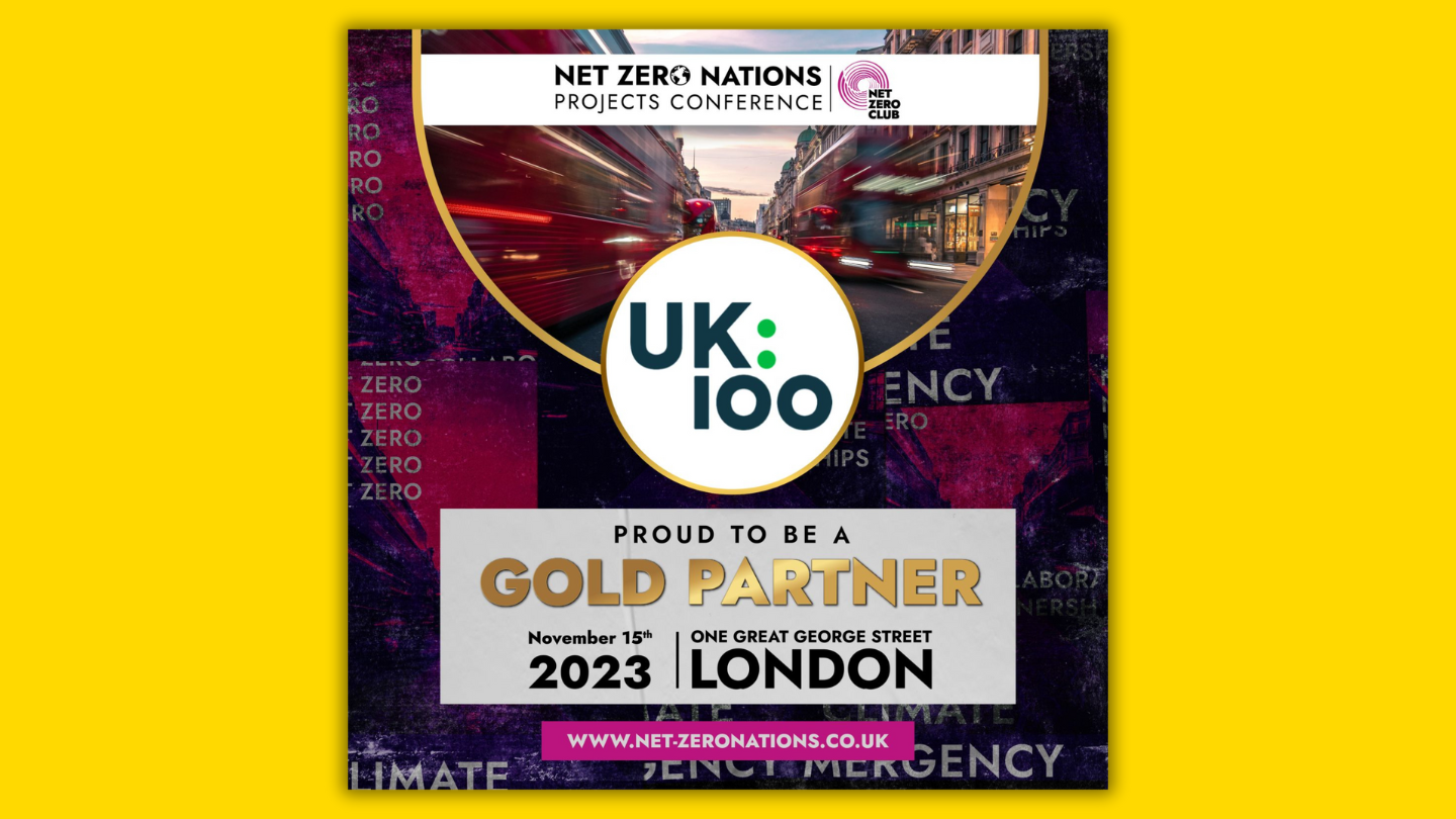 UK:100 Net Zero Nations Conference poster with London street background