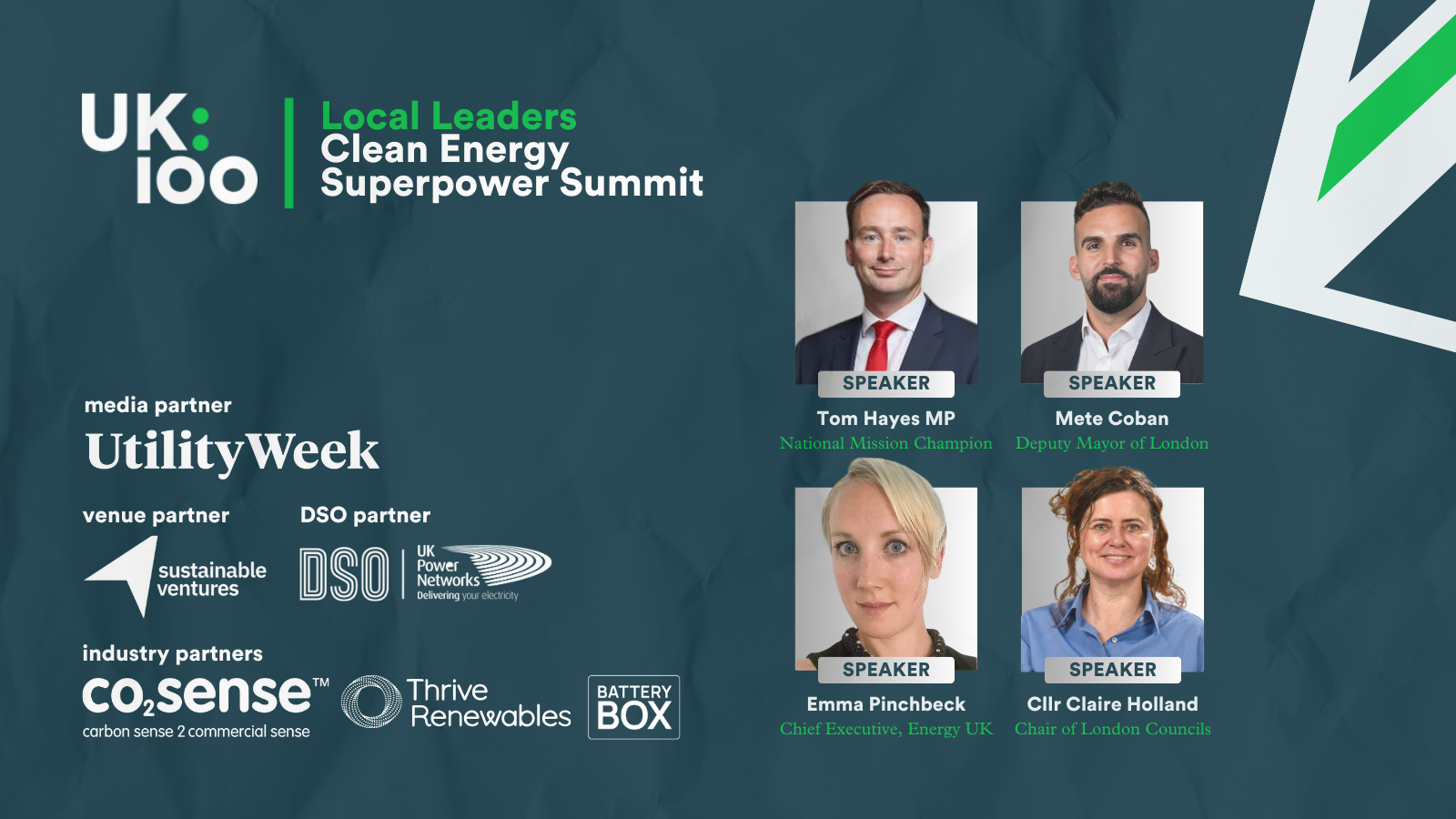 UK Local Leaders Clean Energy Superpower Summit event poster with speakers