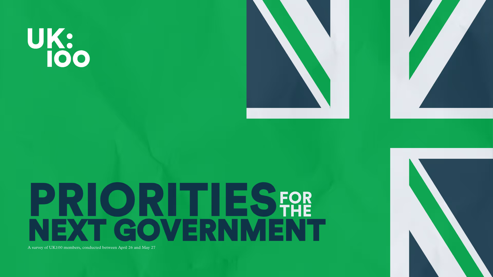 UK100 survey on government priorities with stylized British flag background