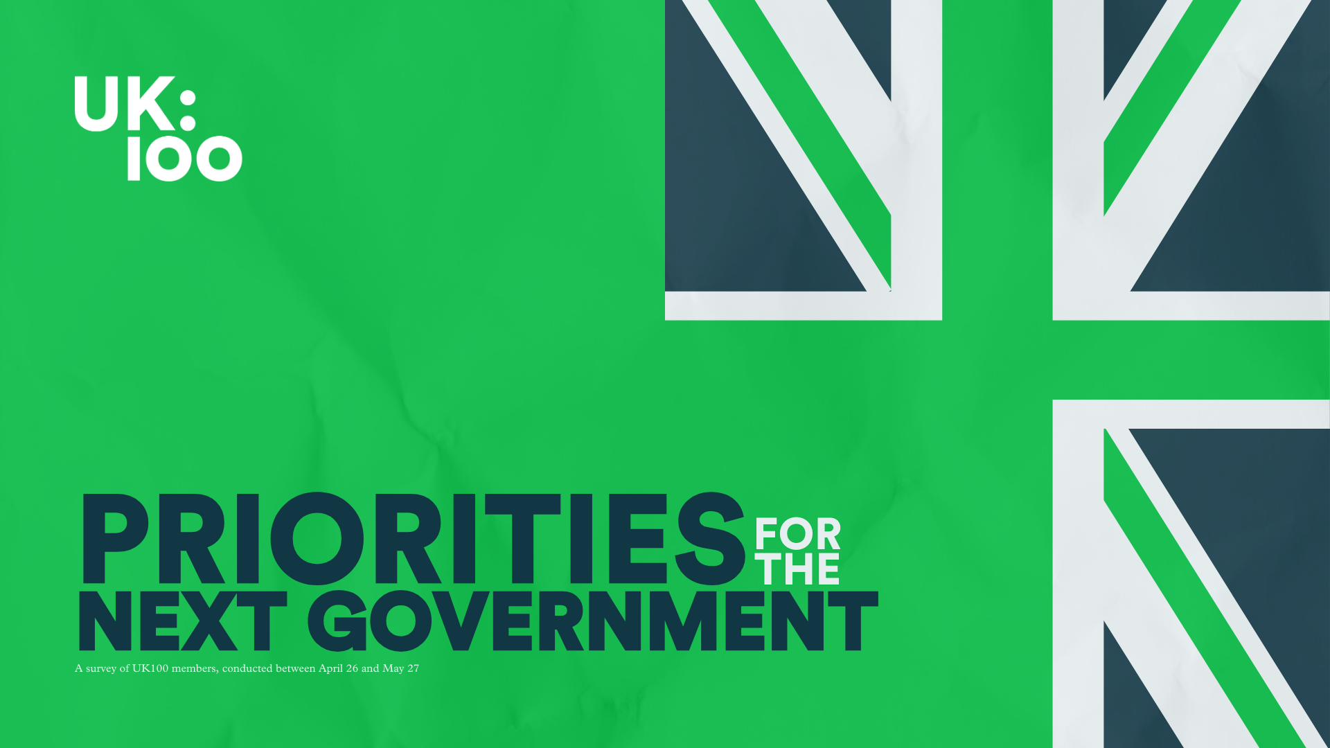 UK100 survey on government priorities with stylized British flag background