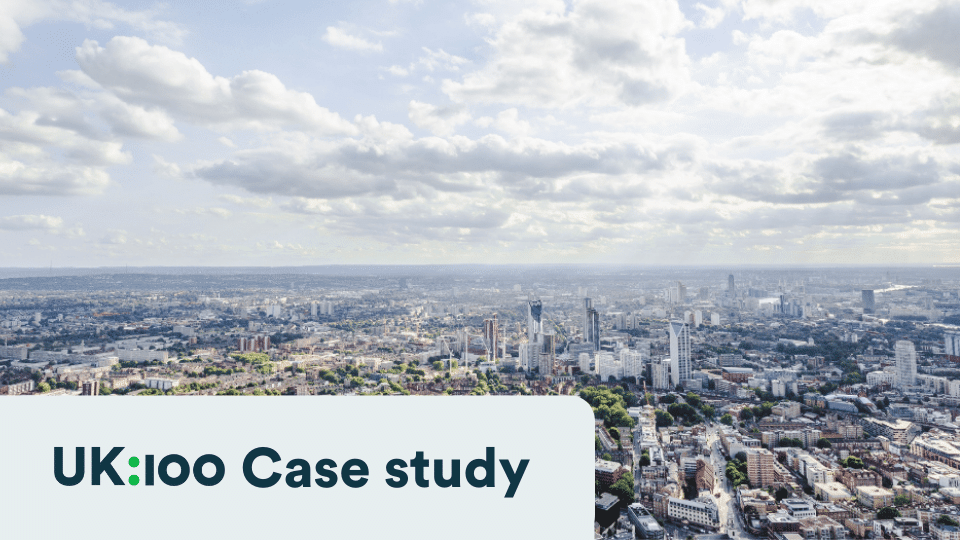 Aerial view of London cityscape with modern skyscrapers and cloudy sky