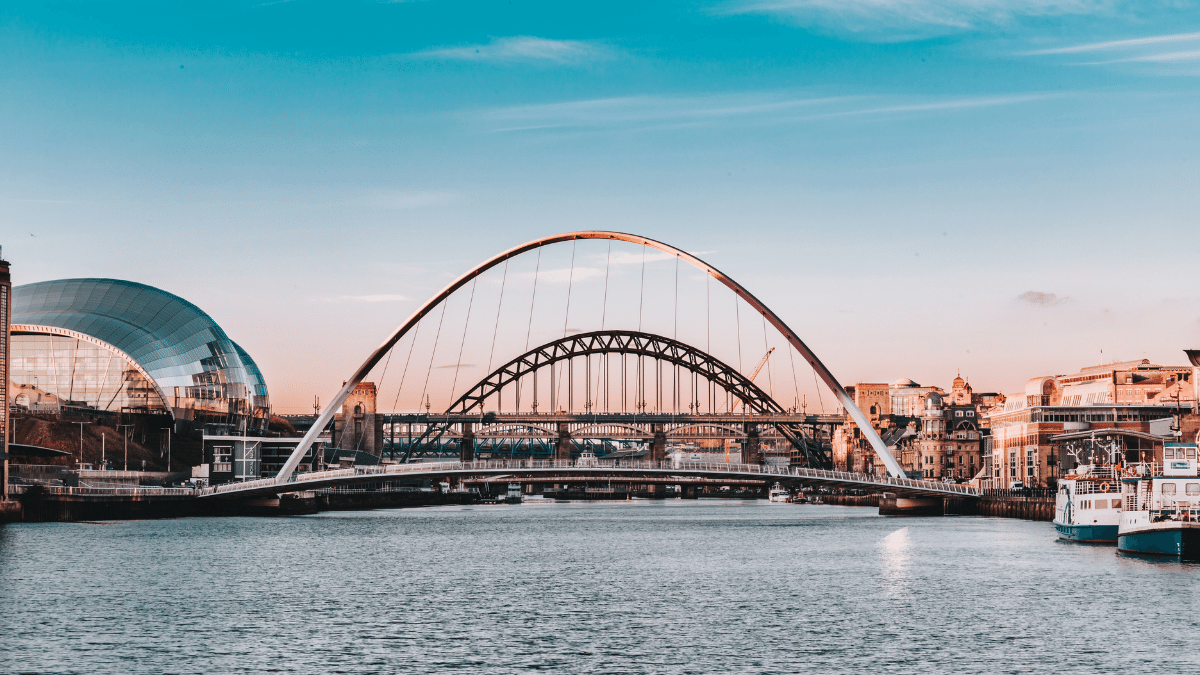 Gateshead Millennium Bridge and Tyne Bridge over River Tyne in Newcastle