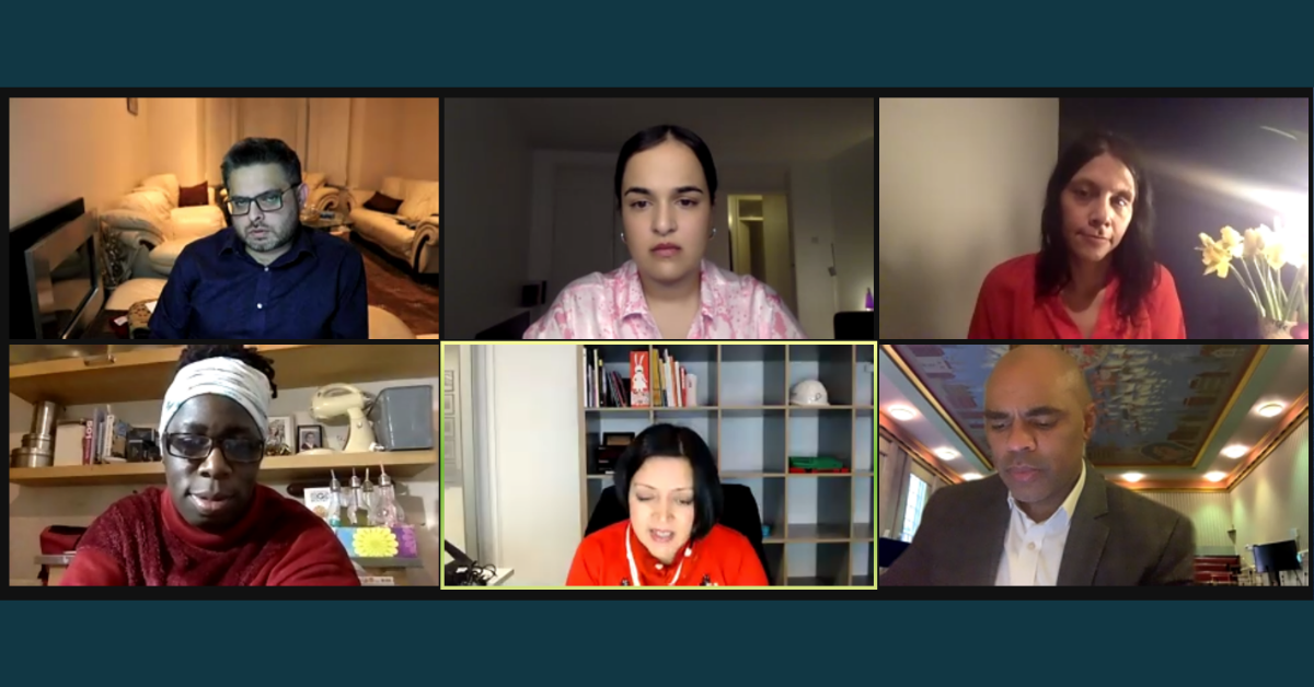 Video conference call with six participants in different home settings