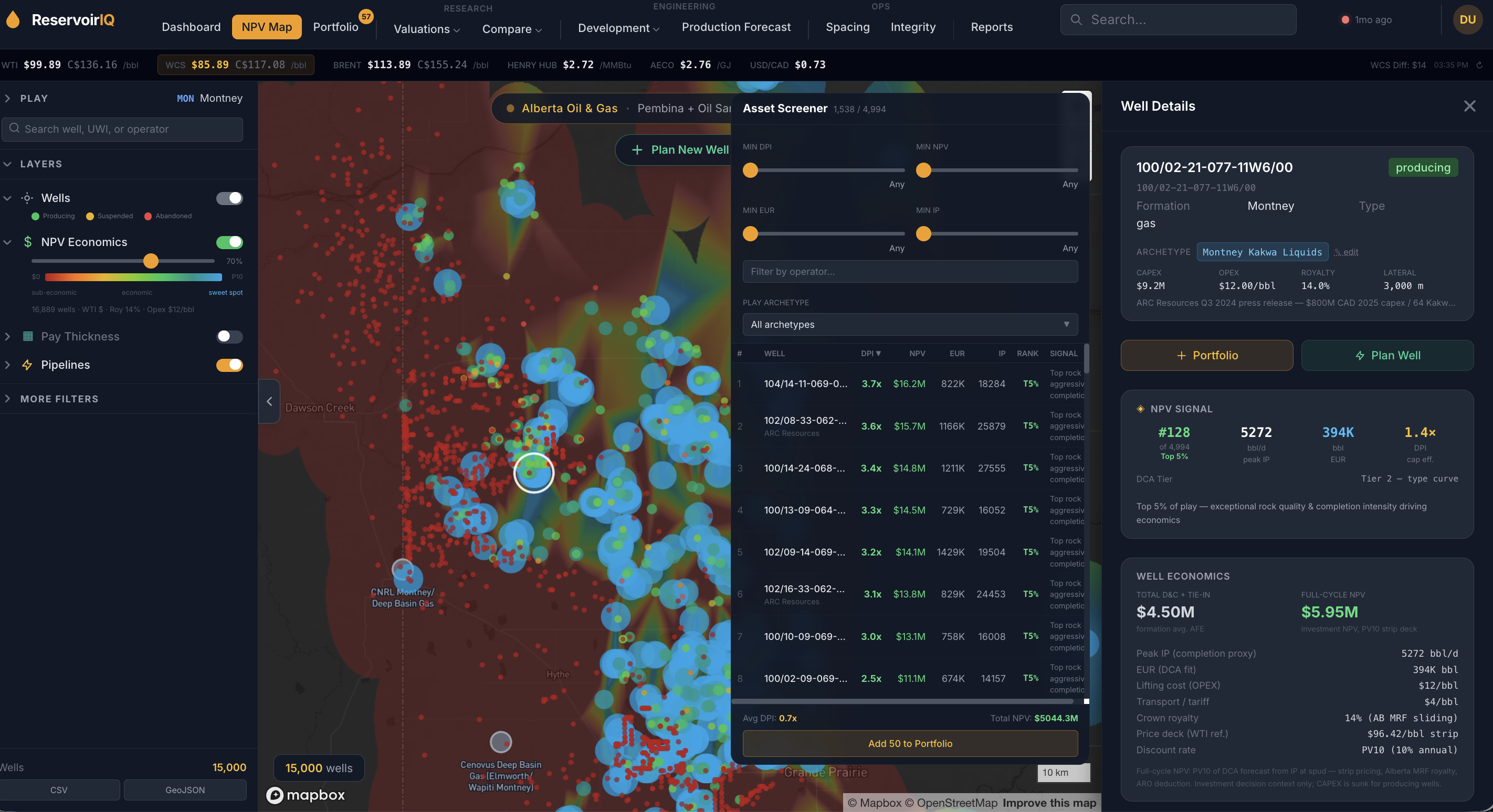 ReservoirIQ map of 238K wells with NPV-tinted bubbles and asset screener