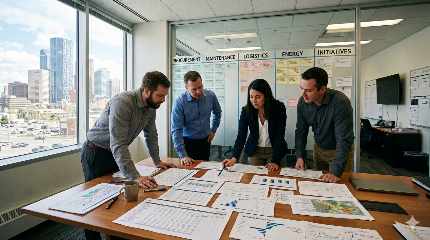Business Improvement Program sprint board showing initiative tracking across aviation, ground transportation, contractor onboarding, and lodging