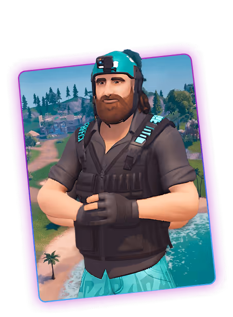 Bearded male character wearing a teal helmet and tactical vest standing with arms crossed, with a coastal landscape in the background.