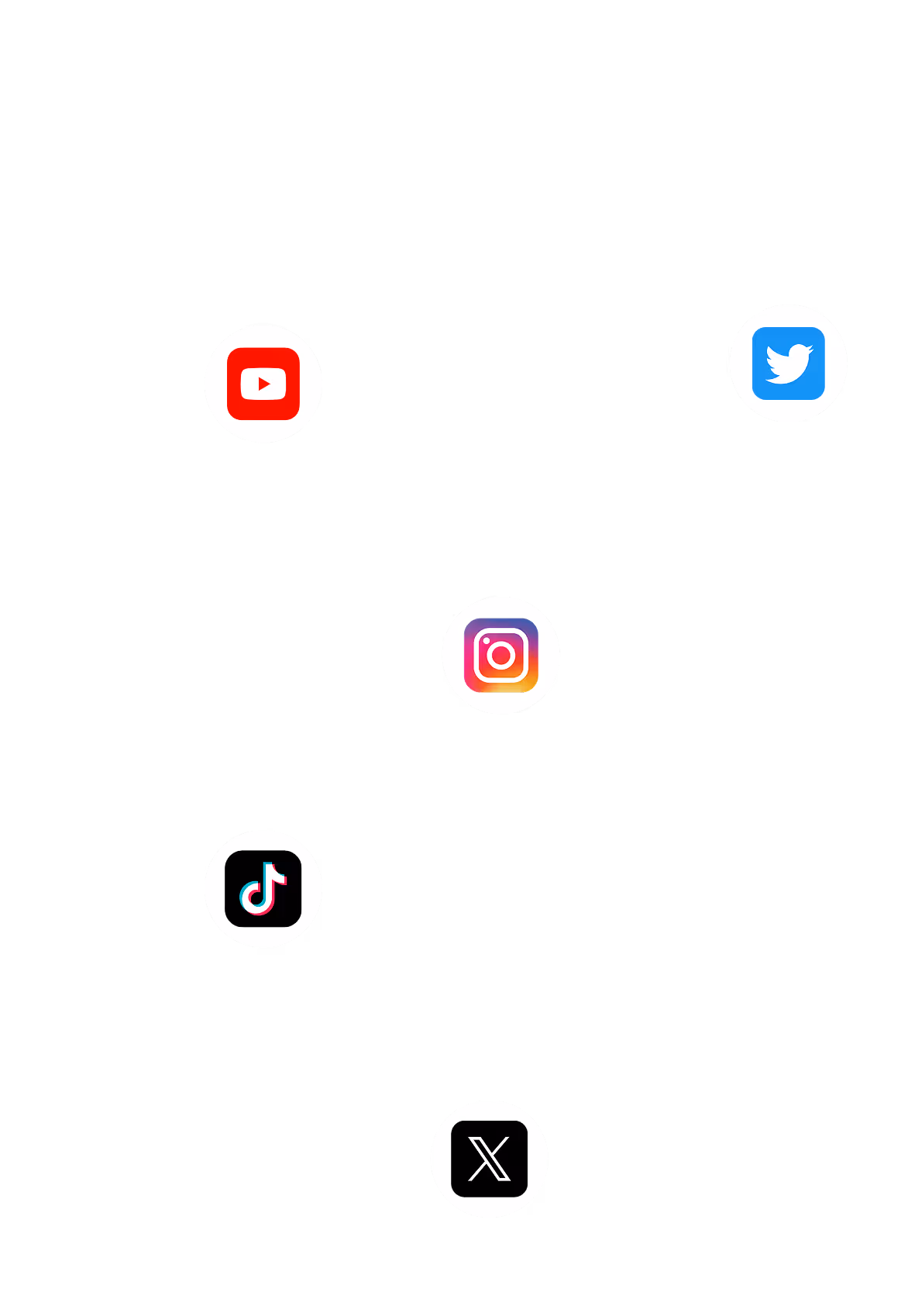 Network of social media icons including YouTube, Twitter, Instagram, TikTok, and X connected by black lines.