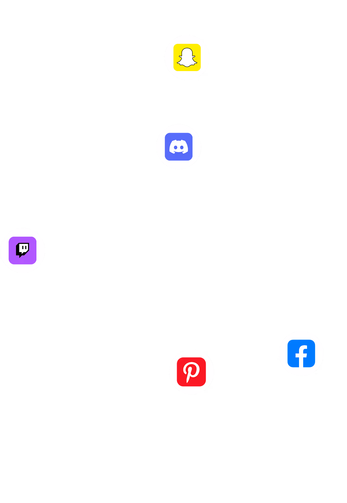 Icons of five social media platforms connected by black lines: Snapchat, Discord, Twitch, Pinterest, and Facebook.
