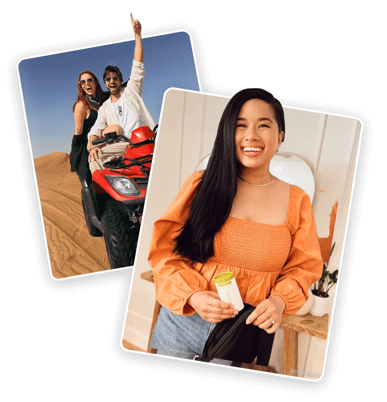Two overlapping photos: one of a smiling woman in an orange top holding a product indoors, and another of a joyful man and woman on a red ATV in a desert.