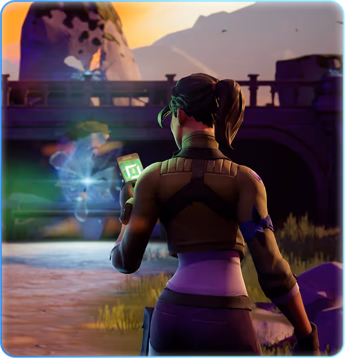 Third-person view of a female character in a tactical outfit holding a glowing device, standing outdoors near a bridge at sunset.