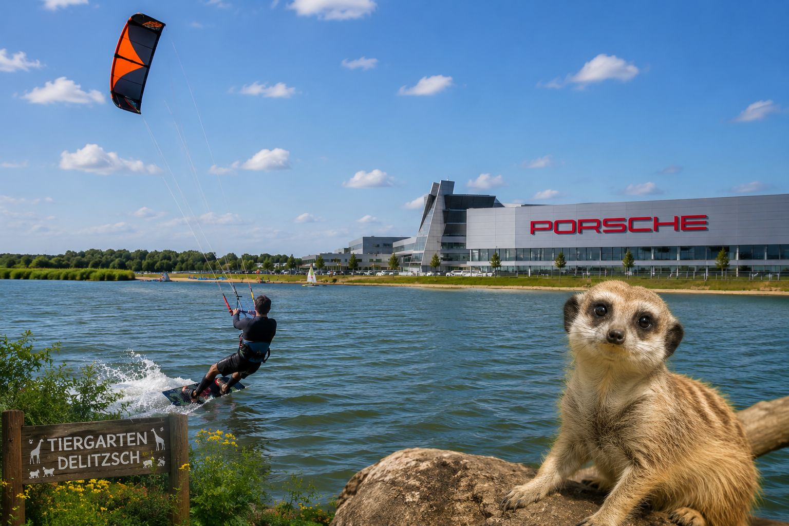 Kitesurfer auf dem Schladnitzer See, das Porsche Werk im Hintergund und ein Erdmännchen aus dem Zoo