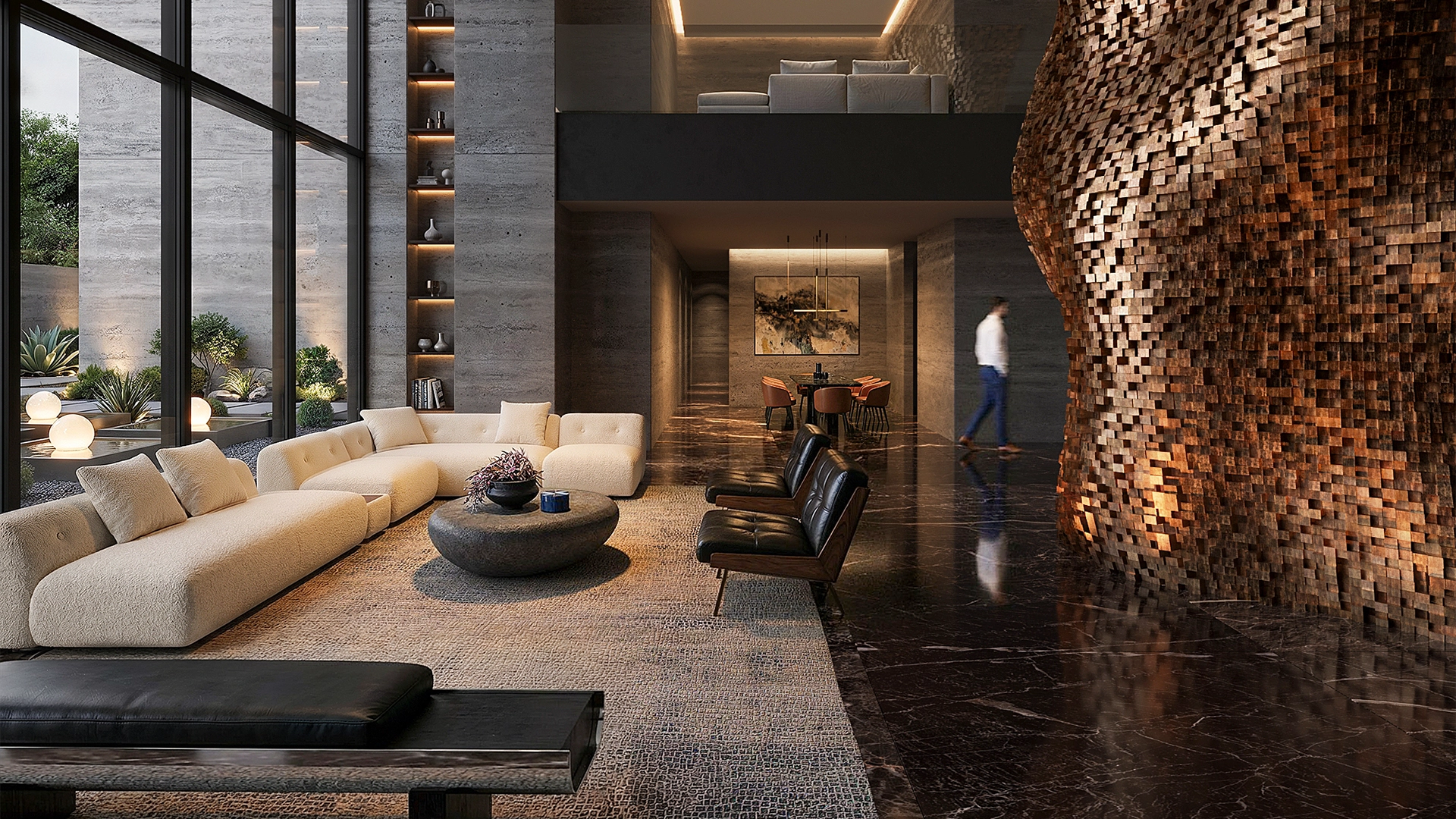 Modern living room with large beige sectional sofa, black leather chairs, stone coffee table, floor-to-ceiling windows, and a large textured wooden sculpture.