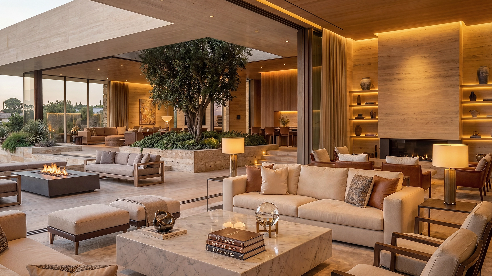 Spacious modern living room with beige sofas, a marble coffee table, indoor plants, and a connected outdoor seating area with a fire pit.
