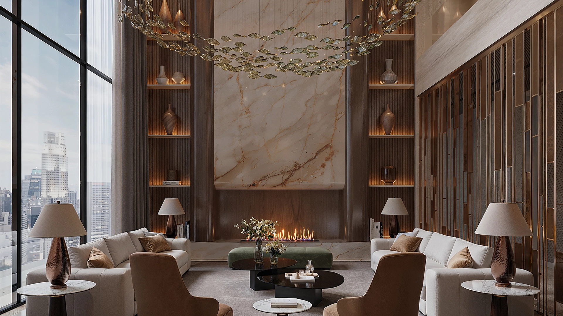 Modern living room with two white sofas, brown chairs, marble fireplace, and large city view window.