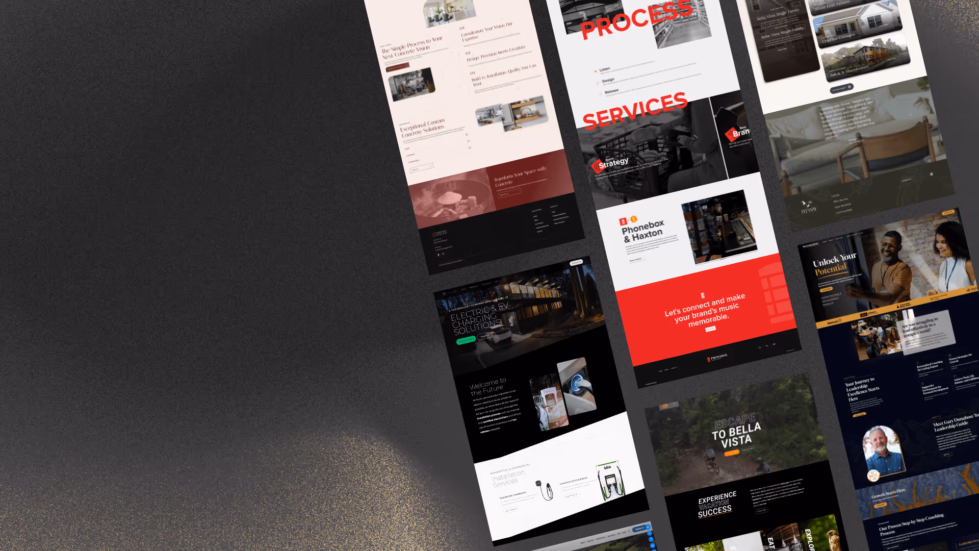 Various angled webpage designs showing services, process, electric charging, marketing, and consulting themes.