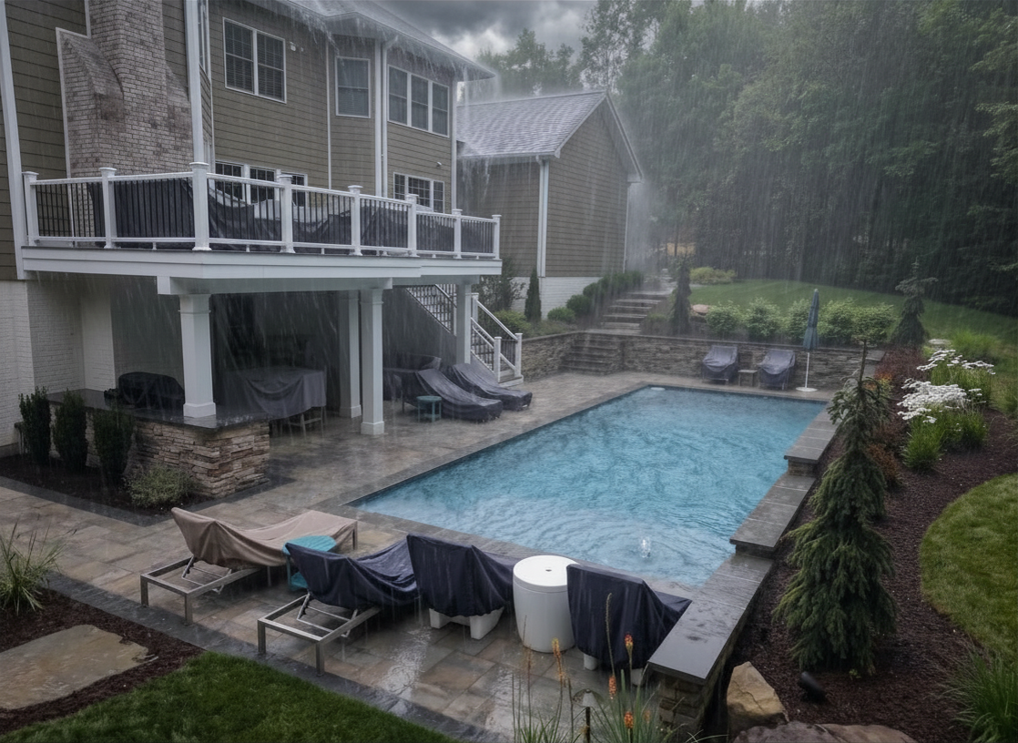image of a completed backyard project in a storm