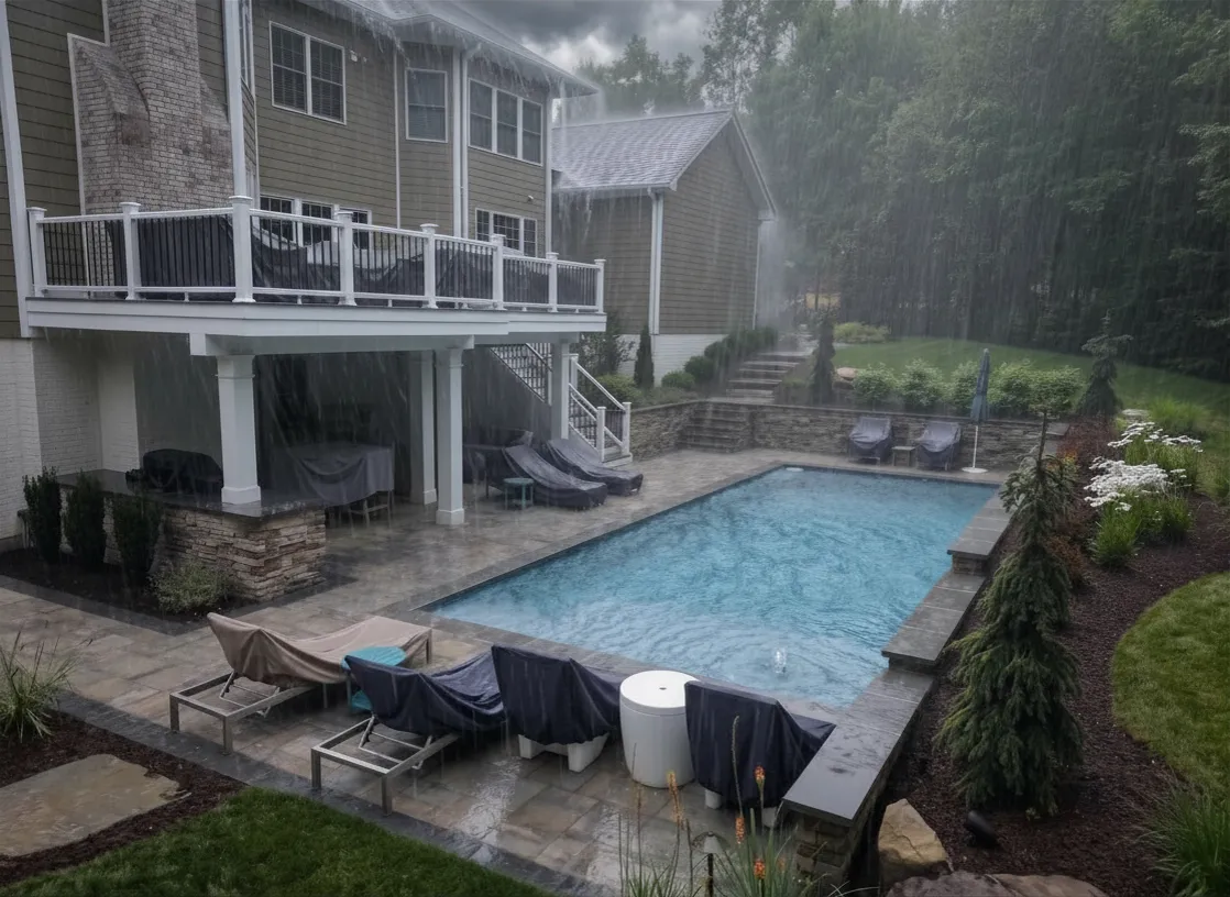 image of a completed backyard project in a storm
