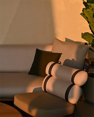 Modern beige armchair with cylindrical cushions and two pillows, next to a white sofa and a green leafy plant, bathed in warm sunlight.