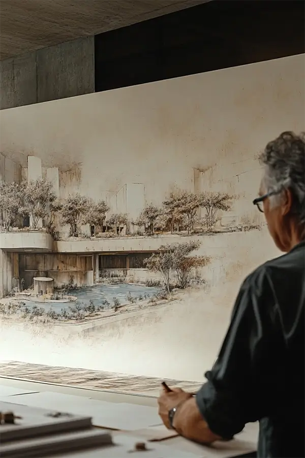 Architect or designer with glasses looking at a detailed architectural rendering of a modern building surrounded by trees and water.