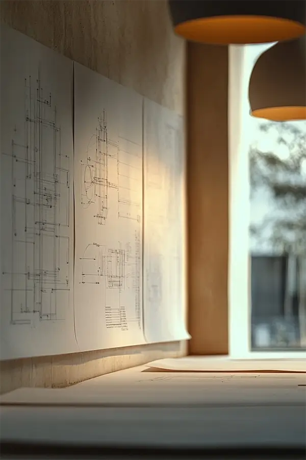 Architectural blueprints pinned on a wall next to a window with warm pendant lights overhead.