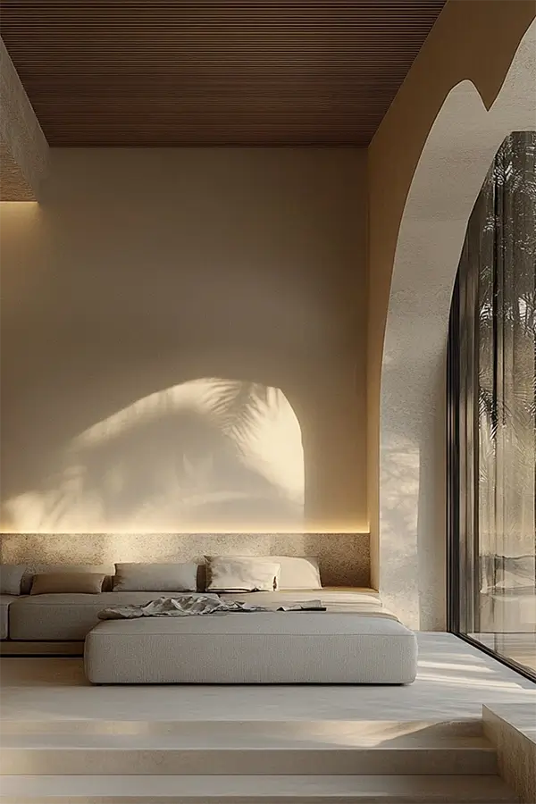 Minimalist living room with beige sectional sofa, sunlight casting palm shadows on the wall, and large arched window with a view of greenery.