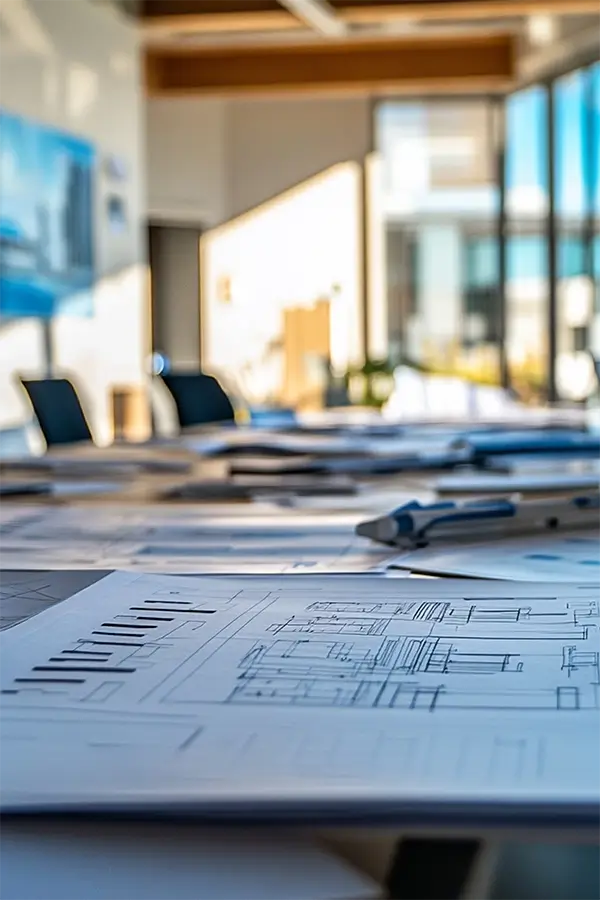 Architectural blueprints spread out on a table in a bright office with chairs and large windows in the background.
