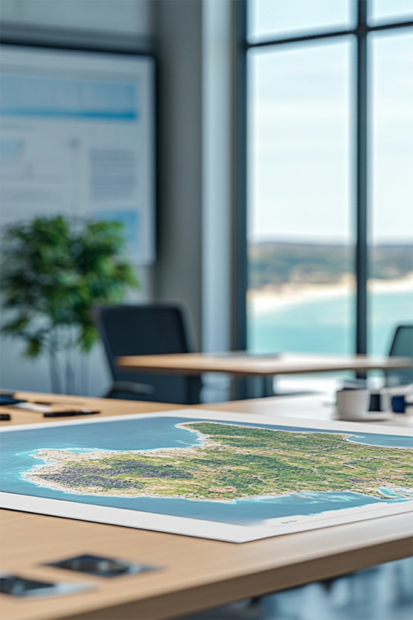 A detailed topographic map spread out on a wooden table in a modern office with blurred chairs, a plant, and large windows overlooking an outdoor landscape.
