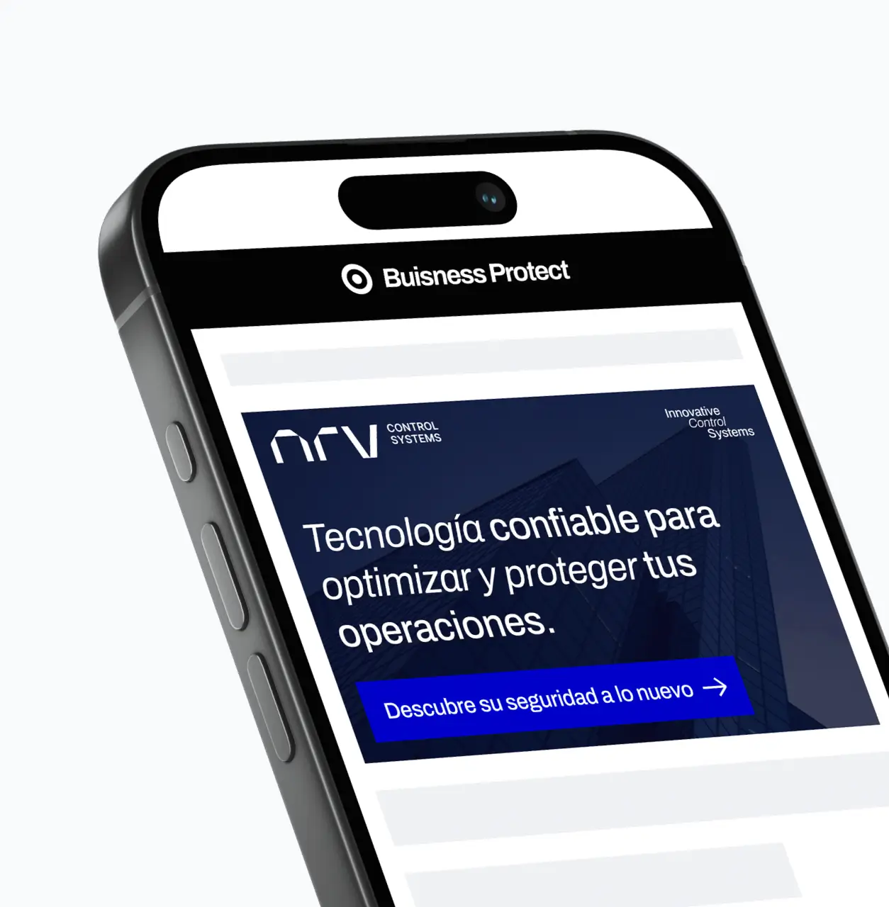 Close up smartphone screen displaying a corporate web banner with Spanish security messaging and a blue call to action button.