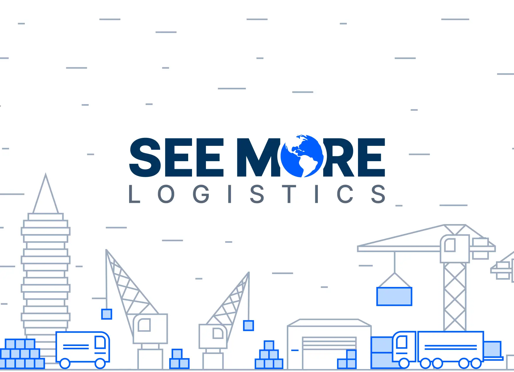 See More Logistics corporate brand logo featuring bold dark navy sans serif typography with an integrated blue globe icon centered above clean line art illustrations of harbor cranes warehouse docks and transport vehicles representing a premium European de