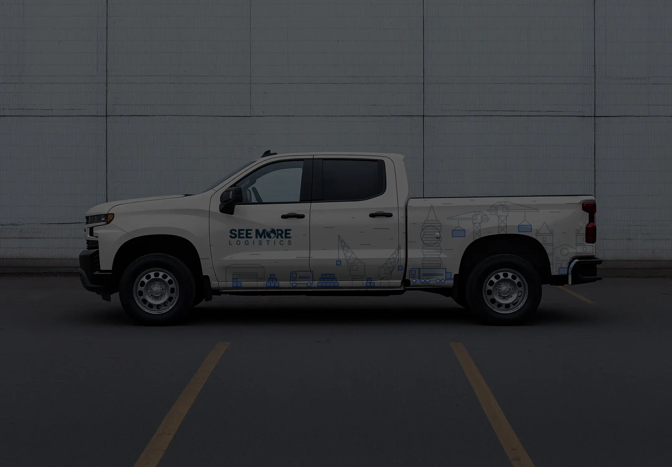 Minimalist fleet design vehicle wrap on a white pickup truck displaying the dark navy See More Logistics logo on the front door accompanied by blue technical line art illustrations of shipping docks cranes and city infrastructure across the lower side pane