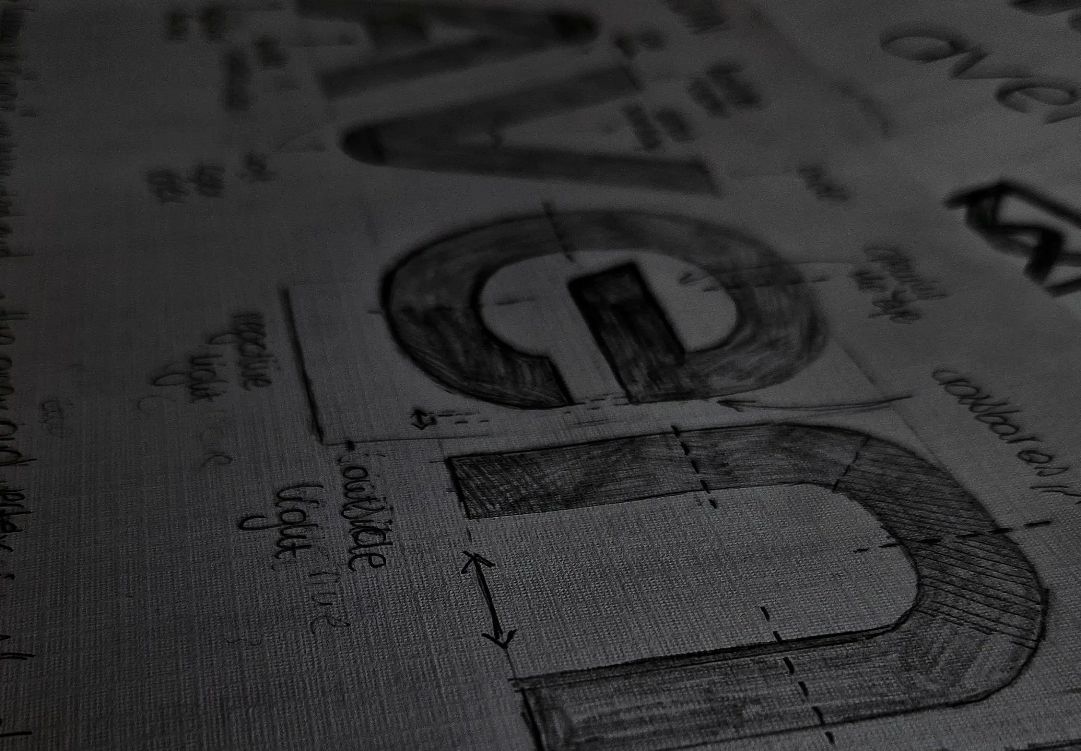 Hand-drawn typography sketches for the Avendin logo design process displaying geometric letter structures and technical crossbar angle measurements on textured paper for a Panama automated retail brand.