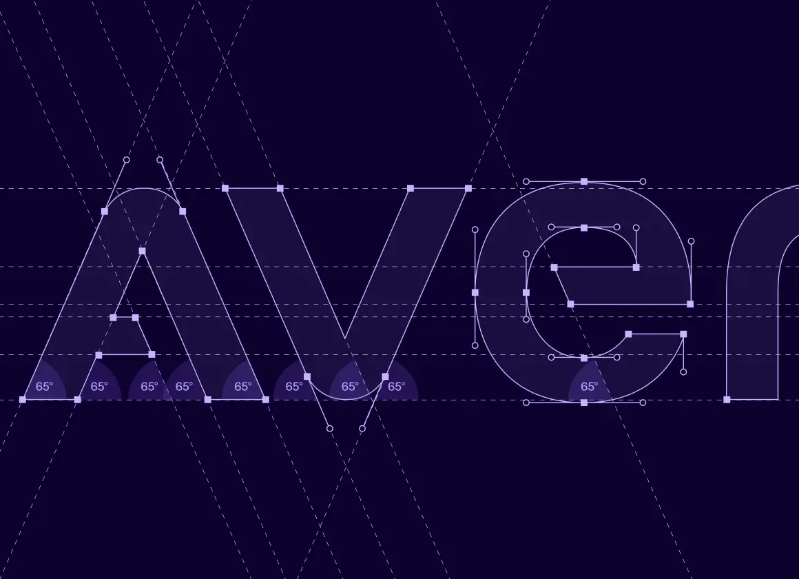 Technical typography grid construction for the Avendin logotype vector points demonstrating sixty-five degree angle alignments and geometric anchor points on a dark purple background for a Panama automated retail brand.