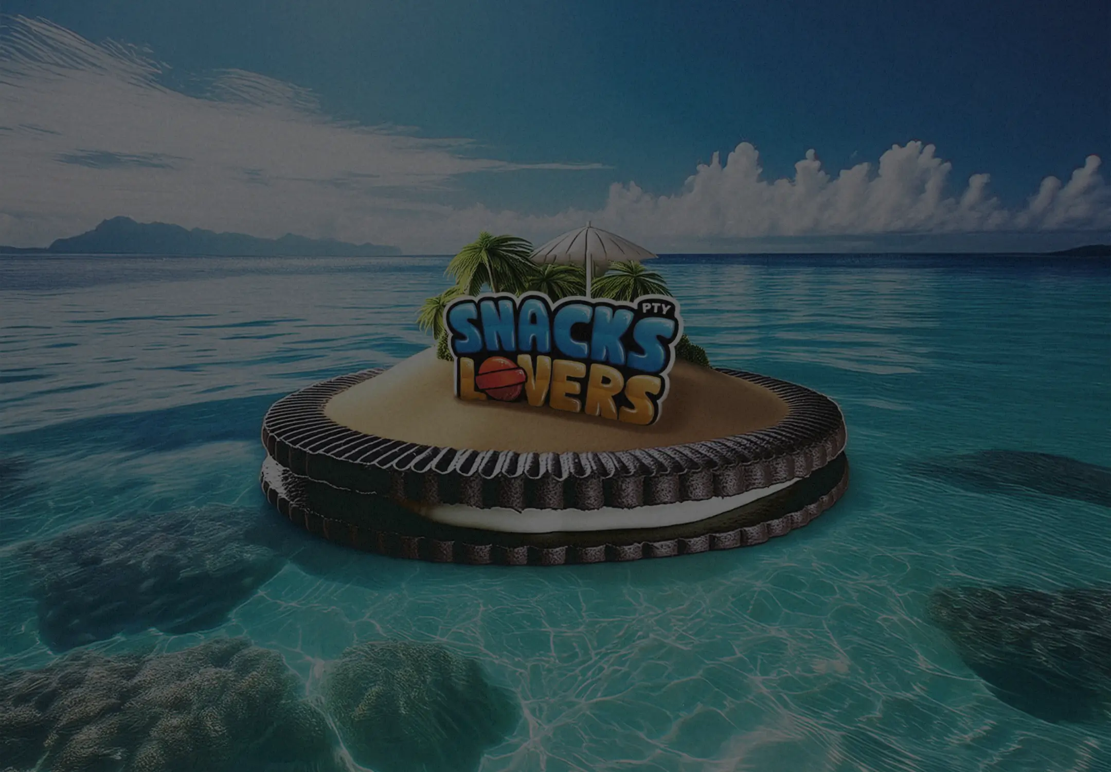 Snacks Lovers brand logo placed on a miniature tropical sand island shaped like a chocolate sandwich cookie floating in crystal clear ocean water under a sunny blue sky representing creative retail advertising for small and medium businesses in Panama and 