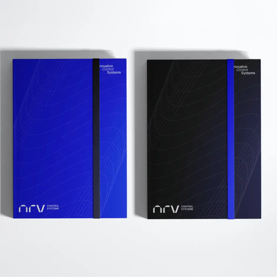 Two premium hardbound notebooks in bright blue and matte black variations featuring an elastic closure band and a subtle wave pattern overlay.