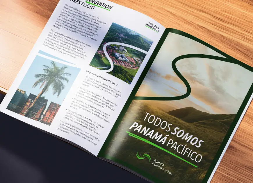 Open corporate brochure layout displaying business typography and aerial imagery of an investment hub for the Agencia Panama Pacifico identity concept.