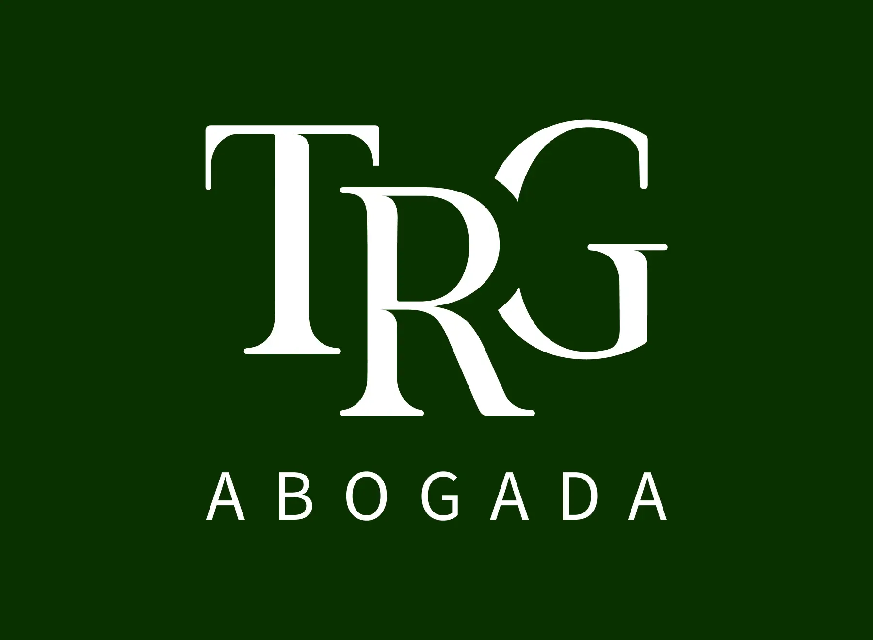 White TRG Abogada monogram logo centered on a solid dark green background representing premium legal branding for boutique firms.