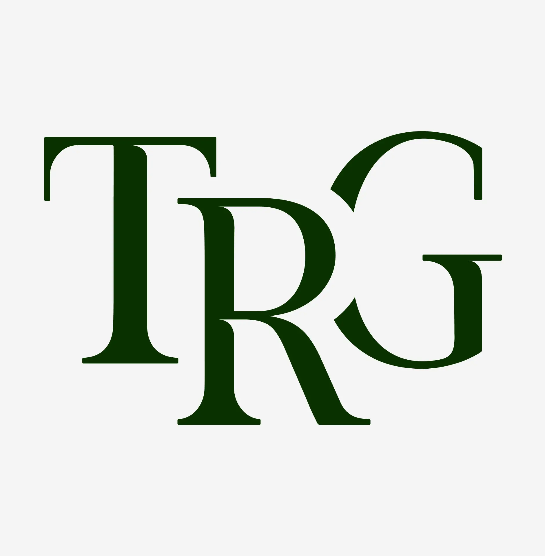 Dark green TRG serif monogram mark isolated on a clean light grey background emphasizing high-end corporate identity design.